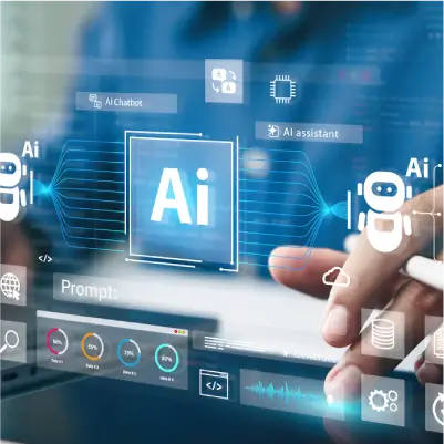 AIアイコンが表示されたデジタル画面を操作するAI研究のイメージ