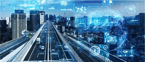 都市の高速道路とデジタルデータが重なる交通インフラのイメージ