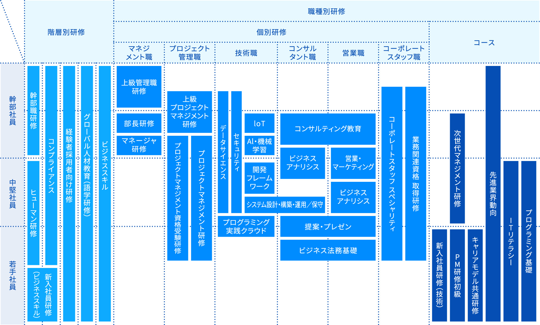 人材育成体系図：階層別研修・個別研修・職種別研修の全体像